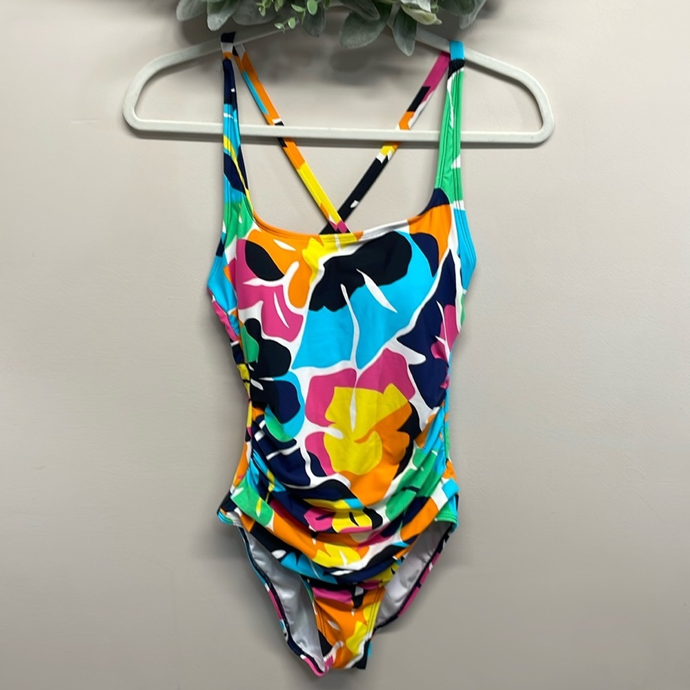NWOT Nautica One Piece Swimsuit Cross Back Slimming Tropical Print S